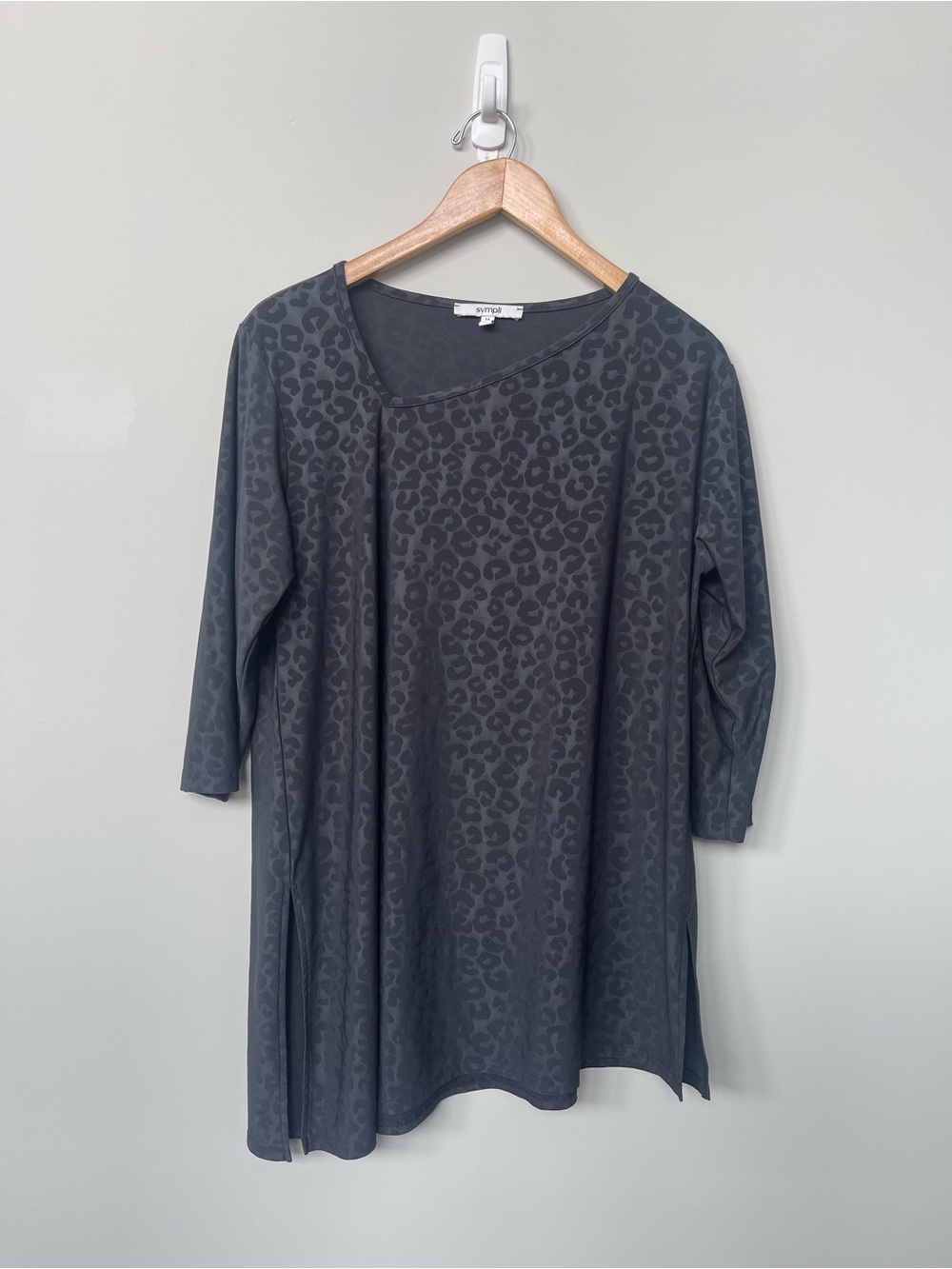 Sympli | Gray Leopard Printed Jersey Stretch Tunic Top Asymmetrical Neckline - Picture 5 of 5